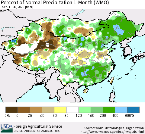 China, Mongolia and Taiwan Percent of Normal Precipitation 1-Month (WMO) Thematic Map For 9/1/2020 - 9/30/2020