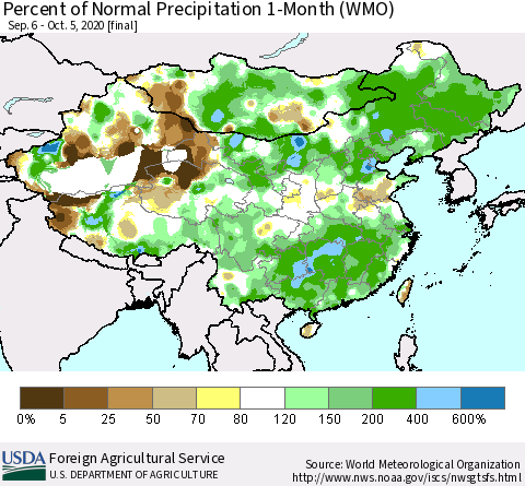 China, Mongolia and Taiwan Percent of Normal Precipitation 1-Month (WMO) Thematic Map For 9/6/2020 - 10/5/2020