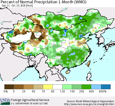 China, Mongolia and Taiwan Percent of Normal Precipitation 1-Month (WMO) Thematic Map For 9/11/2020 - 10/10/2020