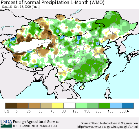 China, Mongolia and Taiwan Percent of Normal Precipitation 1-Month (WMO) Thematic Map For 9/16/2020 - 10/15/2020