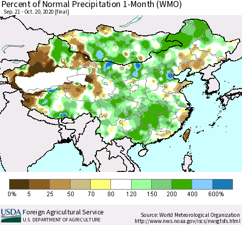China, Mongolia and Taiwan Percent of Normal Precipitation 1-Month (WMO) Thematic Map For 9/21/2020 - 10/20/2020