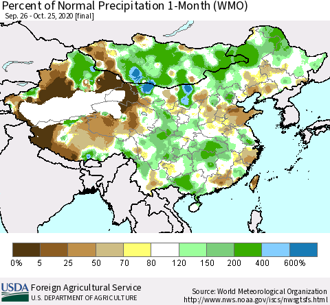 China, Mongolia and Taiwan Percent of Normal Precipitation 1-Month (WMO) Thematic Map For 9/26/2020 - 10/25/2020