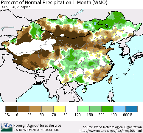 China, Mongolia and Taiwan Percent of Normal Precipitation 1-Month (WMO) Thematic Map For 10/1/2020 - 10/31/2020