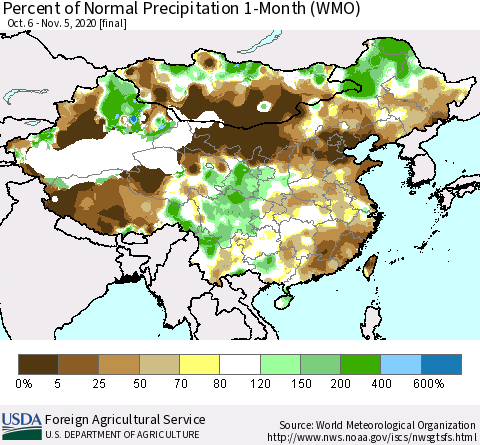 China, Mongolia and Taiwan Percent of Normal Precipitation 1-Month (WMO) Thematic Map For 10/6/2020 - 11/5/2020
