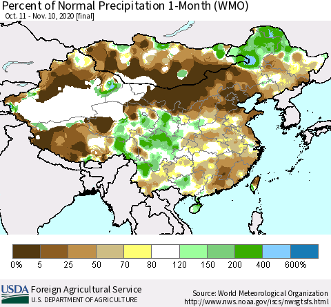 China, Mongolia and Taiwan Percent of Normal Precipitation 1-Month (WMO) Thematic Map For 10/11/2020 - 11/10/2020
