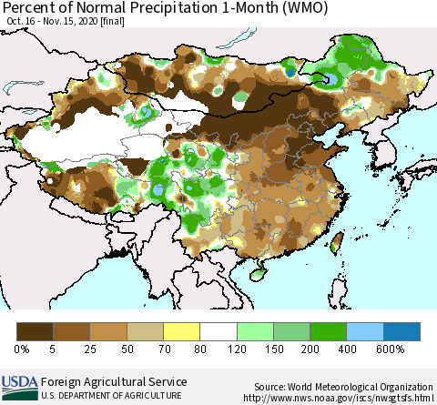 China, Mongolia and Taiwan Percent of Normal Precipitation 1-Month (WMO) Thematic Map For 10/16/2020 - 11/15/2020