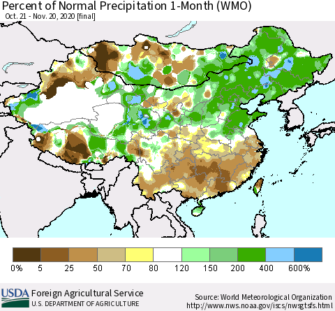 China, Mongolia and Taiwan Percent of Normal Precipitation 1-Month (WMO) Thematic Map For 10/21/2020 - 11/20/2020