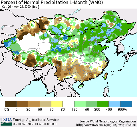 China, Mongolia and Taiwan Percent of Normal Precipitation 1-Month (WMO) Thematic Map For 10/26/2020 - 11/25/2020