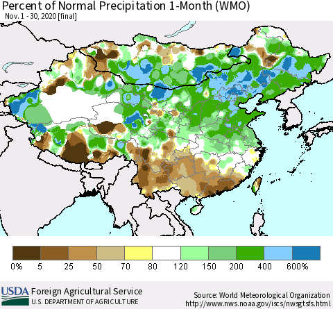 China, Mongolia and Taiwan Percent of Normal Precipitation 1-Month (WMO) Thematic Map For 11/1/2020 - 11/30/2020
