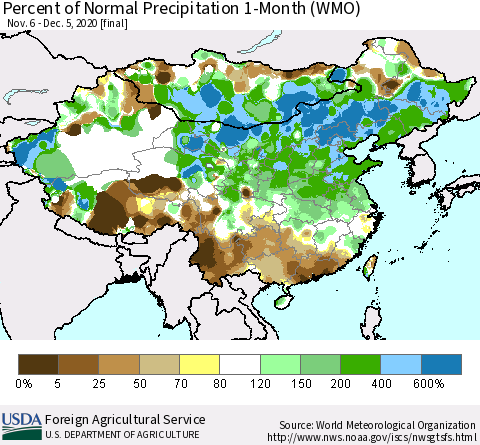 China, Mongolia and Taiwan Percent of Normal Precipitation 1-Month (WMO) Thematic Map For 11/6/2020 - 12/5/2020