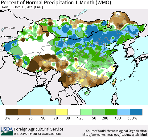 China, Mongolia and Taiwan Percent of Normal Precipitation 1-Month (WMO) Thematic Map For 11/11/2020 - 12/10/2020