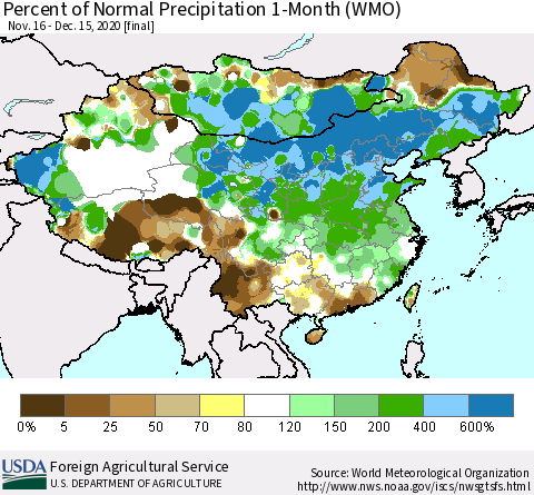 China, Mongolia and Taiwan Percent of Normal Precipitation 1-Month (WMO) Thematic Map For 11/16/2020 - 12/15/2020