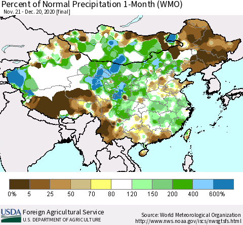 China, Mongolia and Taiwan Percent of Normal Precipitation 1-Month (WMO) Thematic Map For 11/21/2020 - 12/20/2020