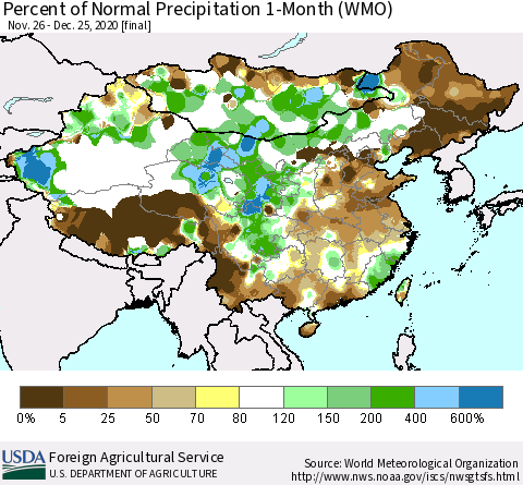 China, Mongolia and Taiwan Percent of Normal Precipitation 1-Month (WMO) Thematic Map For 11/26/2020 - 12/25/2020
