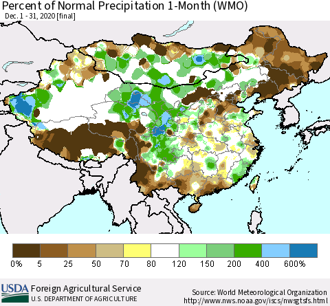 China, Mongolia and Taiwan Percent of Normal Precipitation 1-Month (WMO) Thematic Map For 12/1/2020 - 12/31/2020