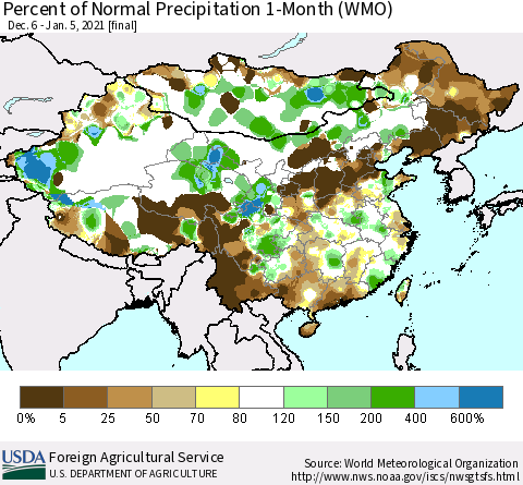 China, Mongolia and Taiwan Percent of Normal Precipitation 1-Month (WMO) Thematic Map For 12/6/2020 - 1/5/2021