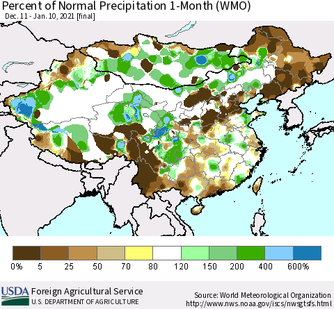 China, Mongolia and Taiwan Percent of Normal Precipitation 1-Month (WMO) Thematic Map For 12/11/2020 - 1/10/2021