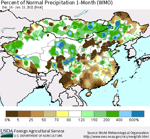 China, Mongolia and Taiwan Percent of Normal Precipitation 1-Month (WMO) Thematic Map For 12/16/2020 - 1/15/2021