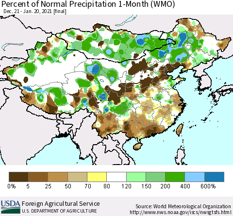 China, Mongolia and Taiwan Percent of Normal Precipitation 1-Month (WMO) Thematic Map For 12/21/2020 - 1/20/2021