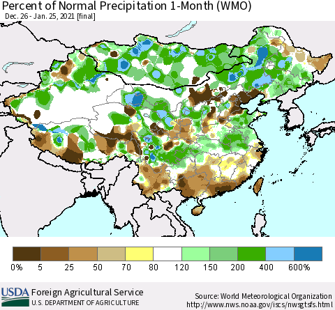 China, Mongolia and Taiwan Percent of Normal Precipitation 1-Month (WMO) Thematic Map For 12/26/2020 - 1/25/2021