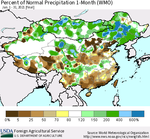 China, Mongolia and Taiwan Percent of Normal Precipitation 1-Month (WMO) Thematic Map For 1/1/2021 - 1/31/2021