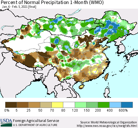 China, Mongolia and Taiwan Percent of Normal Precipitation 1-Month (WMO) Thematic Map For 1/6/2021 - 2/5/2021
