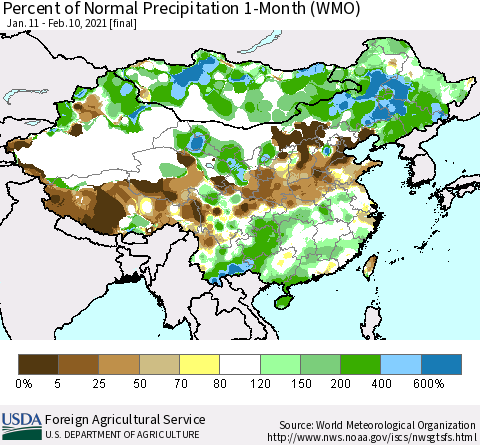 China, Mongolia and Taiwan Percent of Normal Precipitation 1-Month (WMO) Thematic Map For 1/11/2021 - 2/10/2021