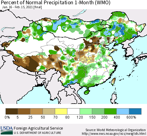 China, Mongolia and Taiwan Percent of Normal Precipitation 1-Month (WMO) Thematic Map For 1/16/2021 - 2/15/2021