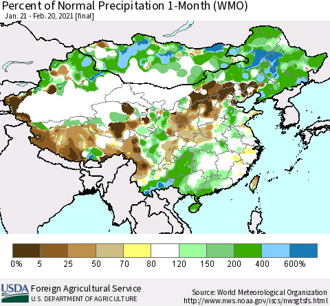 China, Mongolia and Taiwan Percent of Normal Precipitation 1-Month (WMO) Thematic Map For 1/21/2021 - 2/20/2021