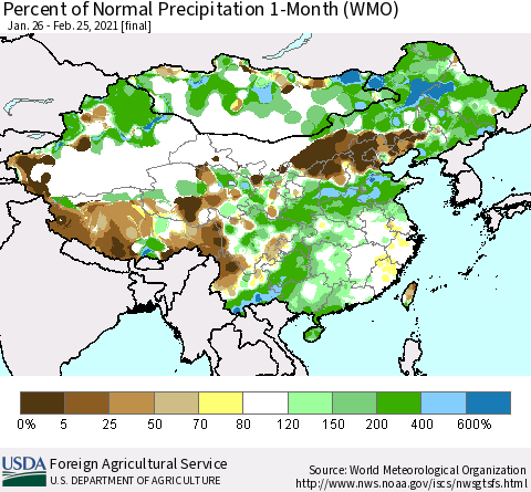 China, Mongolia and Taiwan Percent of Normal Precipitation 1-Month (WMO) Thematic Map For 1/26/2021 - 2/25/2021