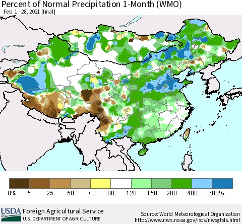 China, Mongolia and Taiwan Percent of Normal Precipitation 1-Month (WMO) Thematic Map For 2/1/2021 - 2/28/2021