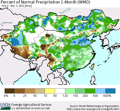 China, Mongolia and Taiwan Percent of Normal Precipitation 1-Month (WMO) Thematic Map For 2/6/2021 - 3/5/2021