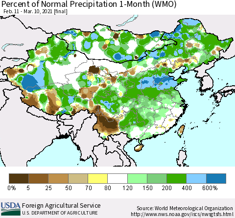 China, Mongolia and Taiwan Percent of Normal Precipitation 1-Month (WMO) Thematic Map For 2/11/2021 - 3/10/2021