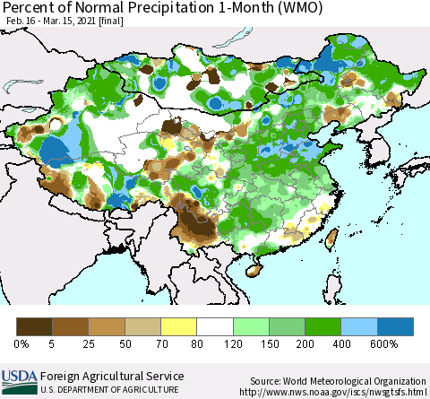 China, Mongolia and Taiwan Percent of Normal Precipitation 1-Month (WMO) Thematic Map For 2/16/2021 - 3/15/2021