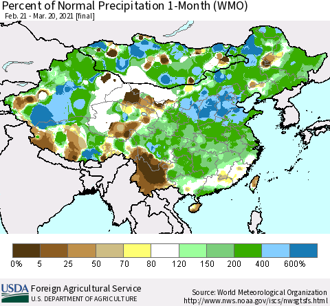 China, Mongolia and Taiwan Percent of Normal Precipitation 1-Month (WMO) Thematic Map For 2/21/2021 - 3/20/2021