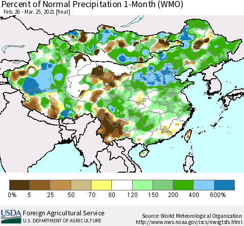 China, Mongolia and Taiwan Percent of Normal Precipitation 1-Month (WMO) Thematic Map For 2/26/2021 - 3/25/2021