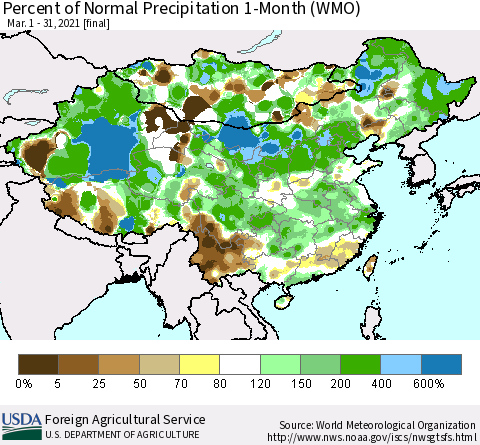 China, Mongolia and Taiwan Percent of Normal Precipitation 1-Month (WMO) Thematic Map For 3/1/2021 - 3/31/2021