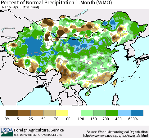 China, Mongolia and Taiwan Percent of Normal Precipitation 1-Month (WMO) Thematic Map For 3/6/2021 - 4/5/2021