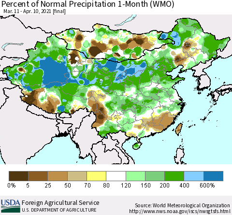 China, Mongolia and Taiwan Percent of Normal Precipitation 1-Month (WMO) Thematic Map For 3/11/2021 - 4/10/2021
