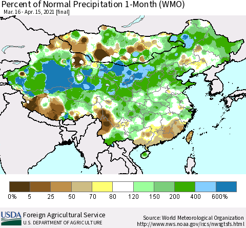 China, Mongolia and Taiwan Percent of Normal Precipitation 1-Month (WMO) Thematic Map For 3/16/2021 - 4/15/2021