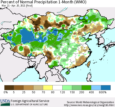 China, Mongolia and Taiwan Percent of Normal Precipitation 1-Month (WMO) Thematic Map For 3/21/2021 - 4/20/2021