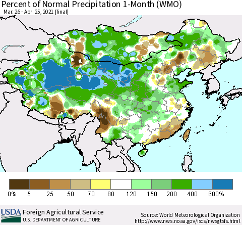 China, Mongolia and Taiwan Percent of Normal Precipitation 1-Month (WMO) Thematic Map For 3/26/2021 - 4/25/2021
