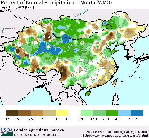 China, Mongolia and Taiwan Percent of Normal Precipitation 1-Month (WMO) Thematic Map For 4/1/2021 - 4/30/2021