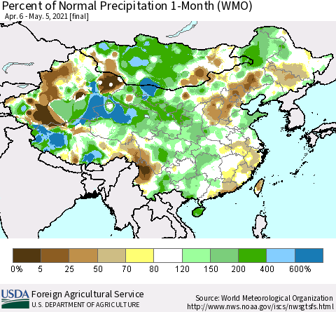 China, Mongolia and Taiwan Percent of Normal Precipitation 1-Month (WMO) Thematic Map For 4/6/2021 - 5/5/2021
