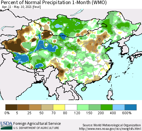 China, Mongolia and Taiwan Percent of Normal Precipitation 1-Month (WMO) Thematic Map For 4/11/2021 - 5/10/2021