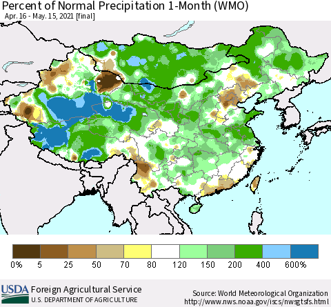 China, Mongolia and Taiwan Percent of Normal Precipitation 1-Month (WMO) Thematic Map For 4/16/2021 - 5/15/2021