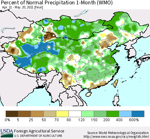 China, Mongolia and Taiwan Percent of Normal Precipitation 1-Month (WMO) Thematic Map For 4/21/2021 - 5/20/2021