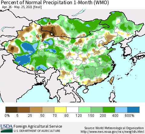 China, Mongolia and Taiwan Percent of Normal Precipitation 1-Month (WMO) Thematic Map For 4/26/2021 - 5/25/2021