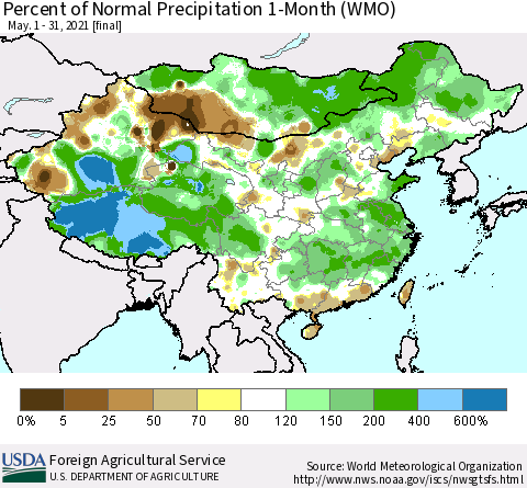 China, Mongolia and Taiwan Percent of Normal Precipitation 1-Month (WMO) Thematic Map For 5/1/2021 - 5/31/2021