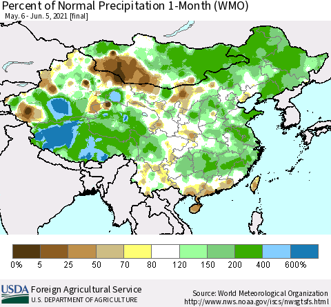 China, Mongolia and Taiwan Percent of Normal Precipitation 1-Month (WMO) Thematic Map For 5/6/2021 - 6/5/2021